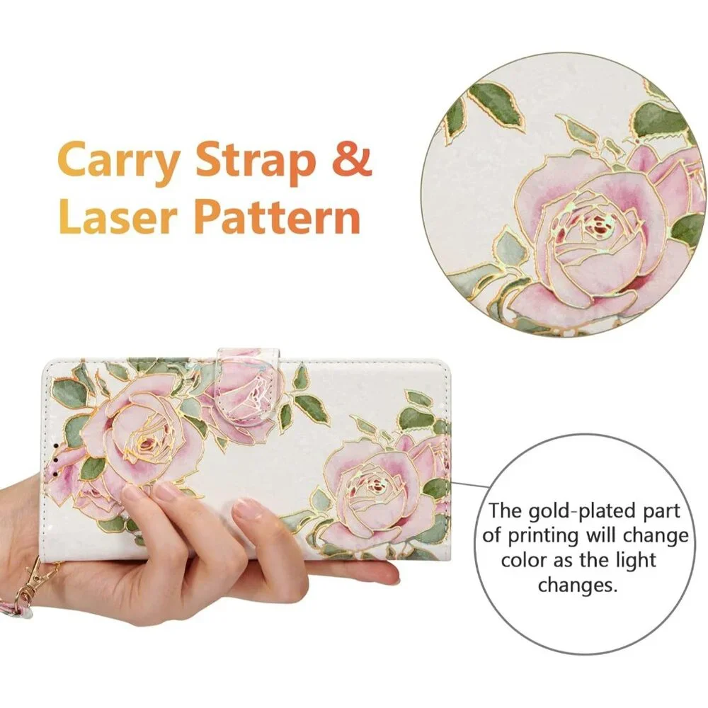 Wallet Case for Samsung Galaxy S24 5G – RFID Blocking PU Leather – White Rose